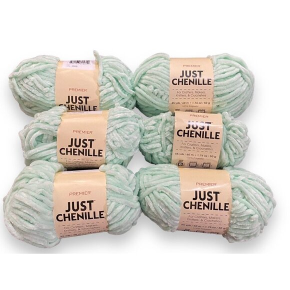 Lot Of 6 Skeins Super Bulky Just Chenille Yarn - Mint Green 65yd 100% Polyester - Picture 1 of 3